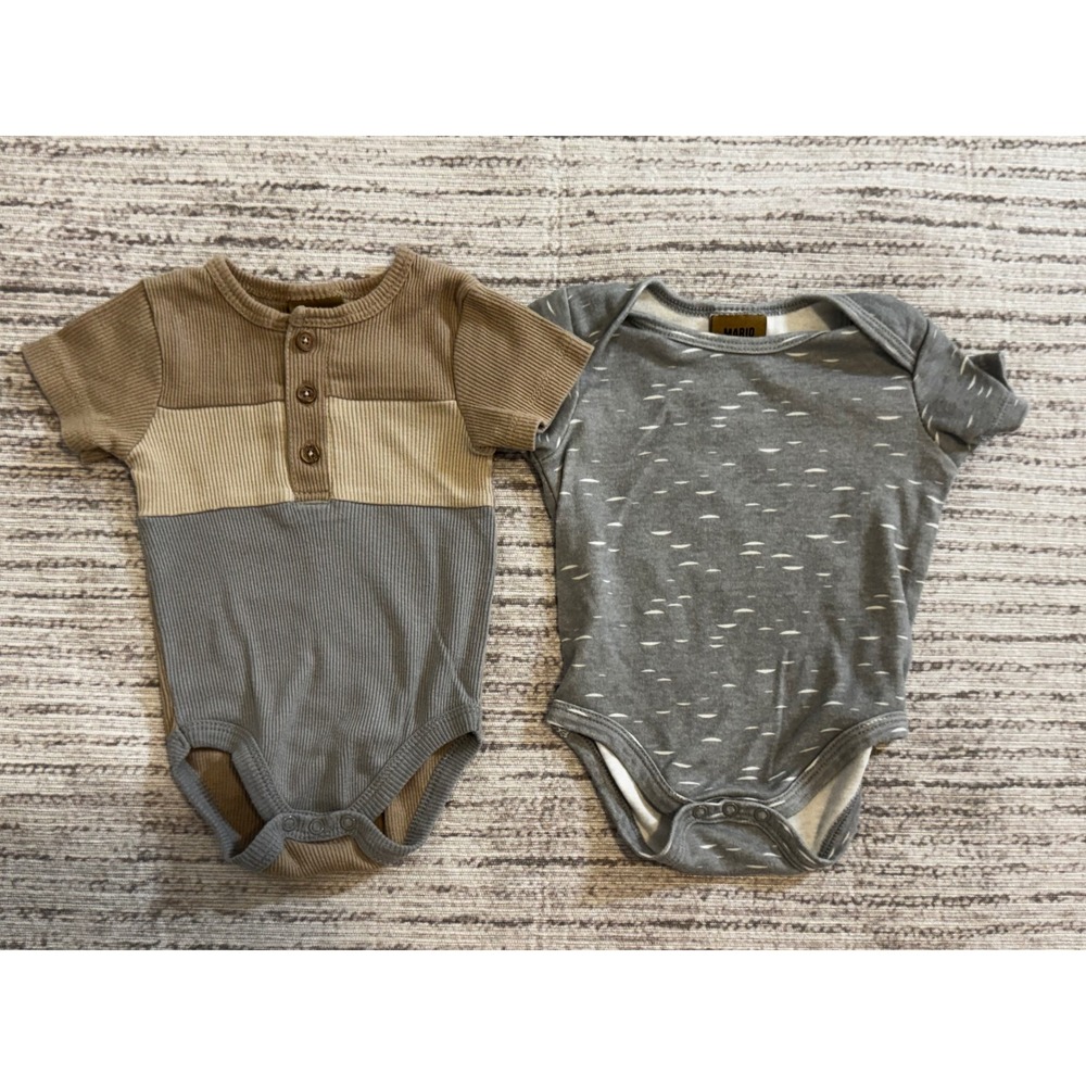 Mario Lopez Baby Boys Bodysuit Bundle 2pk Ribbed Henley Grey Tan 3-6 Months